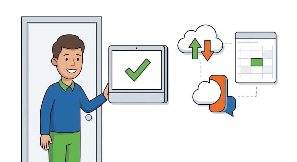 Room-display naast een vergaderruimte toont dat de ruimte vrij is, met tweerichtingssynchronisatie naar i-Reserve
